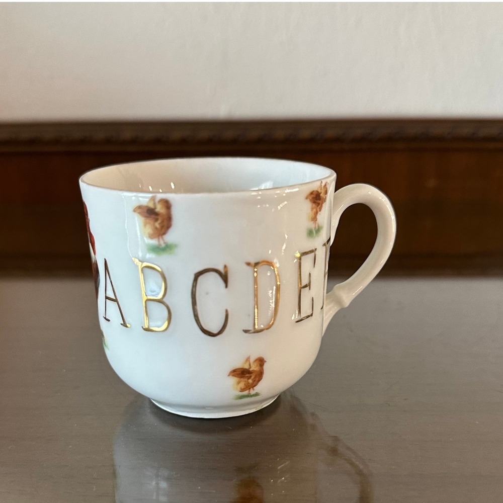 Vintage German Porcelain Alphabet Cup Gold Gilt Rooster Chick Demitasse Mug 137